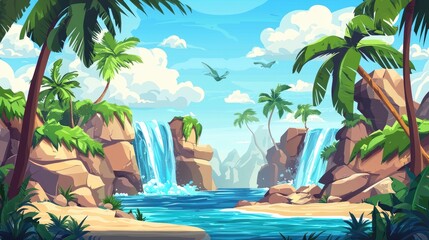 Obraz premium Tropical Paradise with Double Waterfalls and Palm Trees