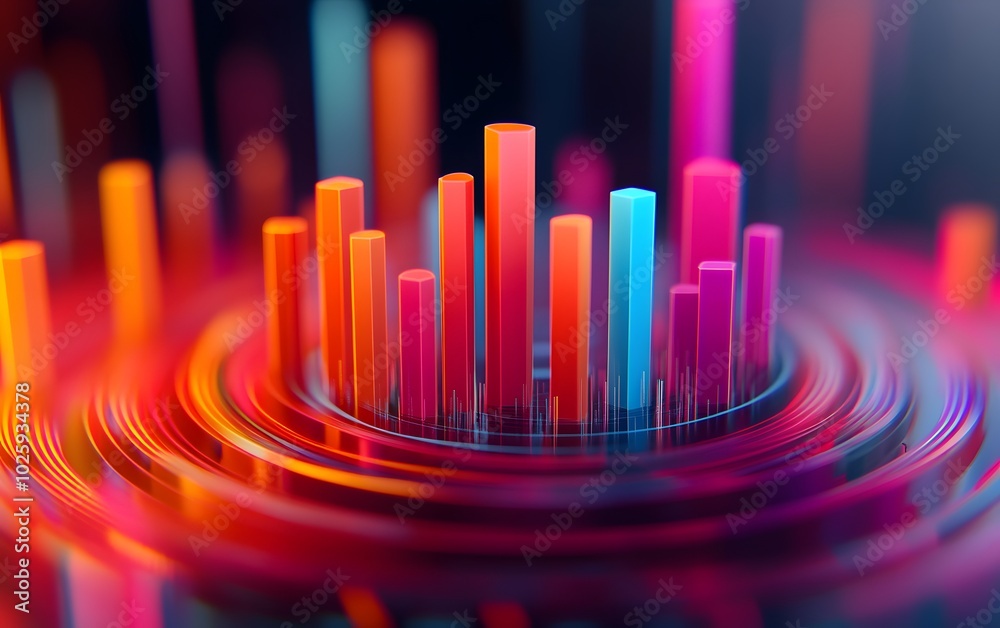 Poster vibrant color bars radiate in a dynamic pattern, representing data visualization and modern technolo
