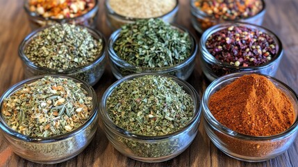 Fototapeta premium A variety of herbs and spices for grilling, adding depth and flavor to meats, vegetables, and BBQ dishes, perfect for outdoor cooking and grilling enthusiasts.