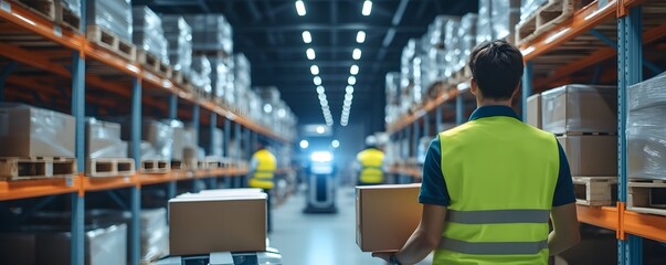 Warehouse worker managing inventory while organizing boxes on shelves in a well-lit storage facility.