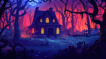 A Haunted House in a Dark and Eerie Forest at Night