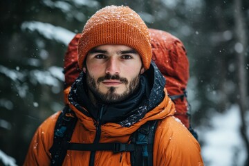 Man with a beard and a black jacket is standing in front of a mountain. He is smiling and looking at the camera. mountaineer guy in the beautiful nature