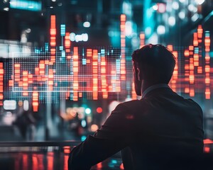 A businessman analyzes financial data in a modern urban setting, reflecting on trends and market movements through a digital interface.
