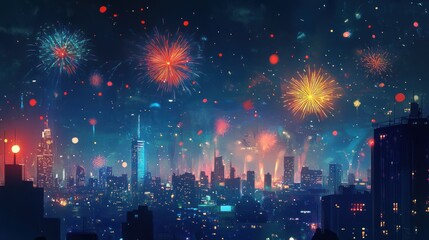 Obraz premium A vibrant New Year background, featuring glowing fireworks in the night sky, with city lights and a celebratory atmosphere