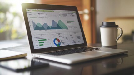A laptop displaying analytical data and graphs on a desk beside a coffee cup.