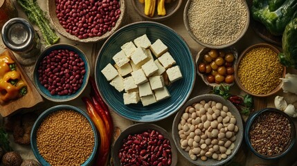 A vibrant scene featuring plant-based protein, showcasing foods like tofu, lentils, quinoa, and beans, highlighting natural, vegan sources of protein