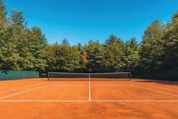 A tennis court with a net and a few trees in the background, generative ai image