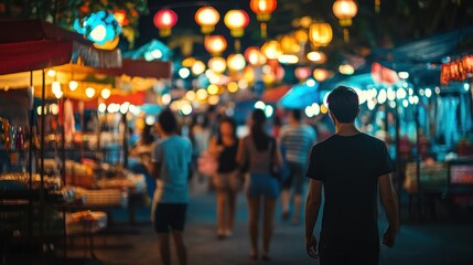 A vibrant summer night market, filled with colorful stalls and local delicacies, ideal for promoting travel experiences, food culture, or community events.