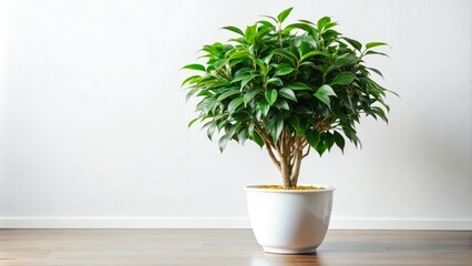 Fototapeta premium Lush Evergreen Ficus in a stylish ceramic pot brings a touch of exotic elegance to your indoor space, perfect for enhancing any home decor style.