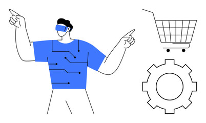 Fototapeta premium Person wearing VR headset pointing in different directions. Includes shopping cart and gear icon. Ideal for technology, virtual shopping, e-commerce, innovation, and digital transformation. Simple