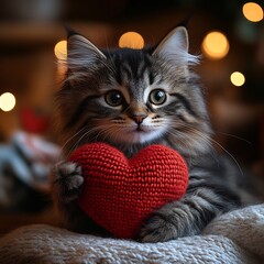 Gray and black fluffy cat gently pawing at a vibrant red knitted heart The scene is presented on a Valentines Day postcard with playful and romantic details in the background