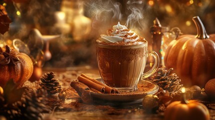 A warm and festive coffee background with seasonal themes, such as pumpkin spice lattes or holiday blends, with cozy elements like cinnamon sticks, pumpkins,