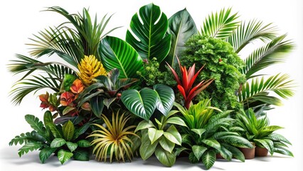 Fototapeta premium Lush tropical foliage plant arrangement against a white background, creating a serene nature backdrop. Ideal for enhancing any space with vibrant greenery and elegance.