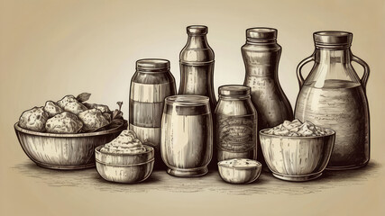 Vector illustration of a set of dairy products in the style of engraving
