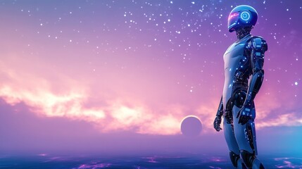 Fototapeta premium A futuristic robot stands against a colorful cosmic backdrop, symbolizing advanced technology.