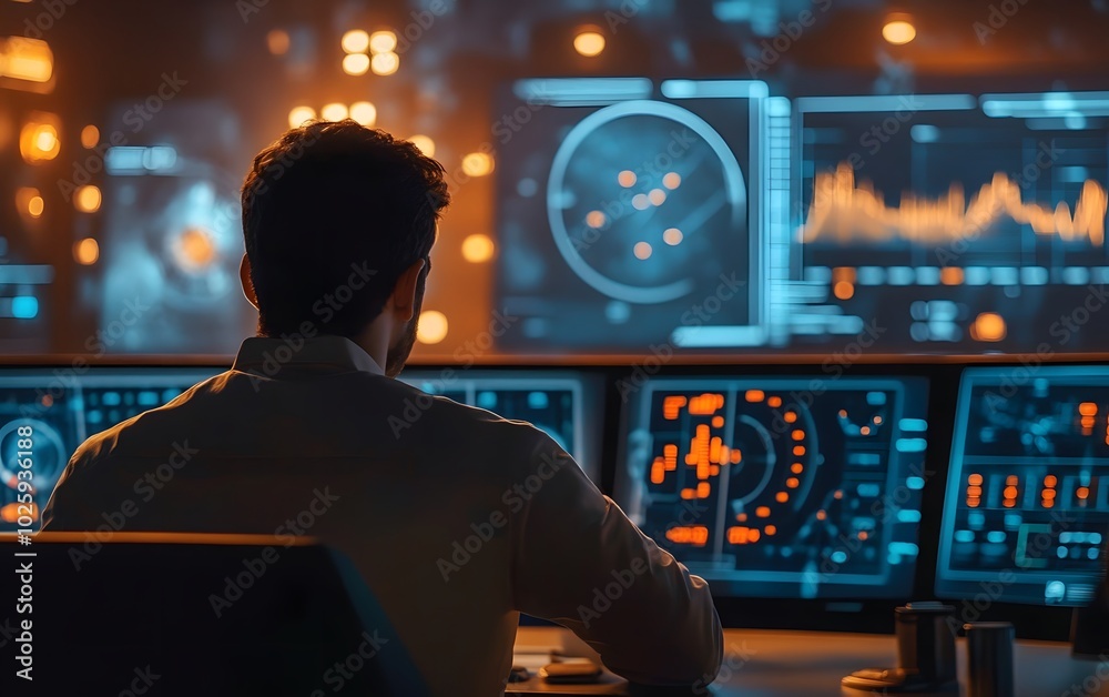 Poster a focused operator analyzes data on multiple monitors in a high-tech control room, showcasing advanc