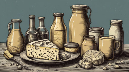 Vector illustration of a set of dairy products in the style of engraving