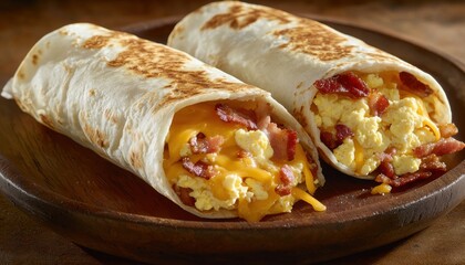 Two breakfast burritos filled with scrambled eggs, cheese, and bacon, served on a wooden plate.