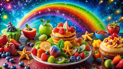 Obraz premium Colorful Food Spread Against Starry Rainbow Background for Vibrant Culinary Photography