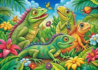 Obraz premium Colorful Iguanas in a Whimsical Cartoon Coloring Book Style for Kids