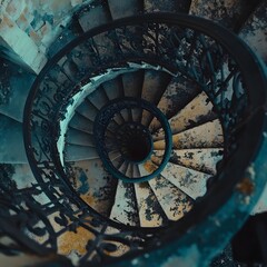 Obraz premium A weathered spiral staircase with a dark, mysterious feel.
