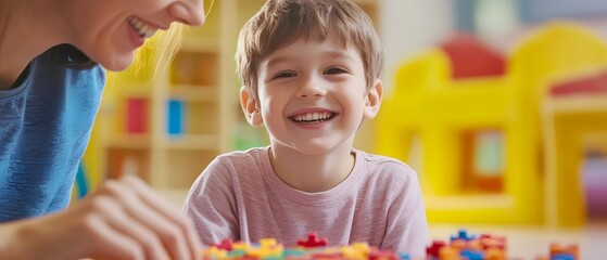 A joyful child plays with colorful building blocks, smiling with excitement in a cheerful playroom atmosphere.