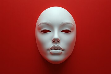 White mask with a red background. The mask is a close up of a woman's face. mask is white, highlighted on a red background
