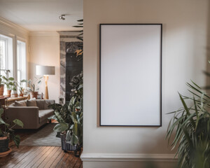 Mock up frame in white home interior background, bright room with minimal decor