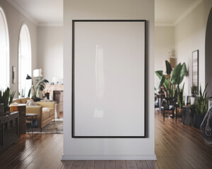 Mock up frame in white home interior background, bright room with minimal decor