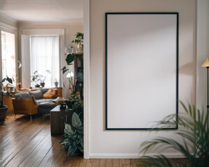 Mock up frame in white home interior background, bright room with minimal decor