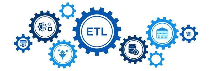 Extract, Transform, Load (ETL) Data Processing Icon Concept Featuring Staging, Warehousing, and Analytics Tools
