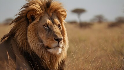 Fototapeta premium lion in the African savanna, with the wind blowing its mane.