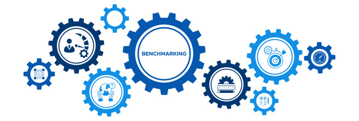 Business Benchmarking and Performance Improvement Banner Vector Illustration Concept with Process Measurement, Survey, Comparison, Target Setting, and Key Performance Indicators