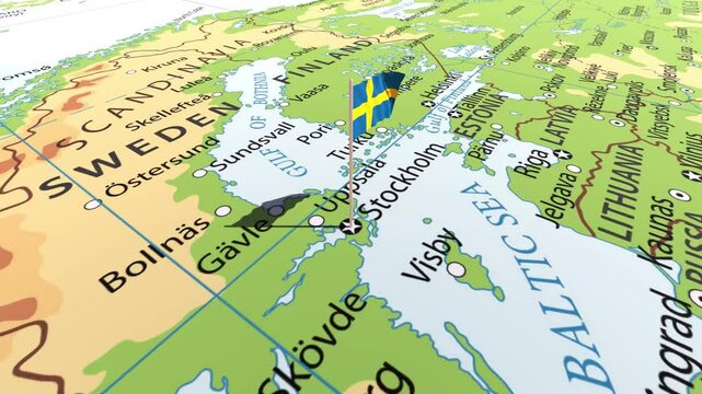 Sweden flag waving on the map