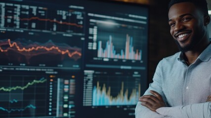 Fototapeta premium A professional man smiles in front of data analytics screens displaying various graphs.