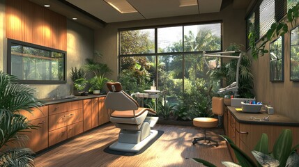 An eco-friendly dentist office using sustainable materials, energy-efficient equipment, and eco-conscious practices, perfect for promoting green healthcare solutions.