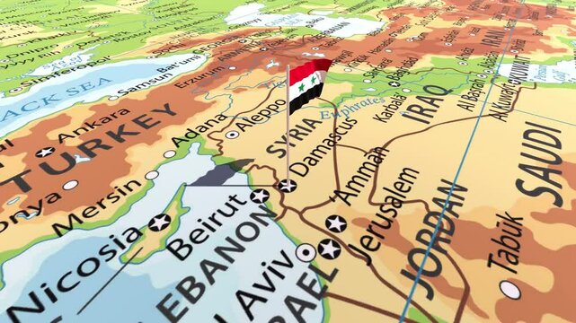 Syria flag waving on the map