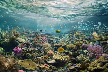 Obraz premium A colorful coral reef with many fish swimming around, generative ai image