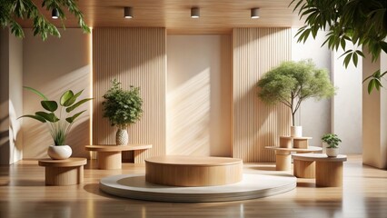 Soft peach wooden podium elegantly showcases products against a dreamy, blurry nature backdrop, enhancing the art gallery's ambiance while highlighting each piece's unique beauty.
