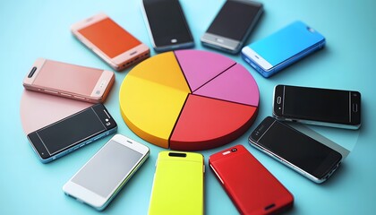 A vibrant arrangement of smartphones surrounding a colorful pie chart, highlighting technology and modern design concepts.