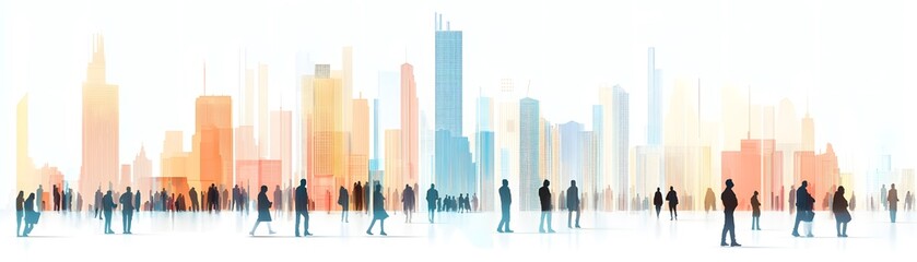 A vibrant city skyline silhouette with diverse people, symbolizing urban life and community in a modern setting.