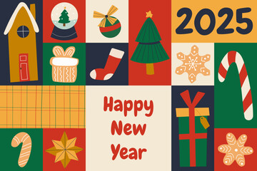 Merry Christmas and Happy New Year abstract geometric banner. New Year 2025 poster,banner, card, cover, advertisement, wallpaper printable template with Xmas elements in modern minimalist style. 