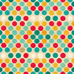 A retro-inspired polka dot pattern features vibrant colors