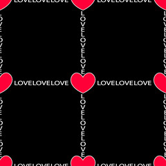Seamless geometric pattern with red hearts and white lettering love on a black background