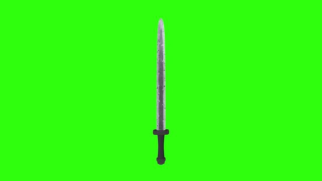 Realistic 3D rendering of a sword against a green backdrop