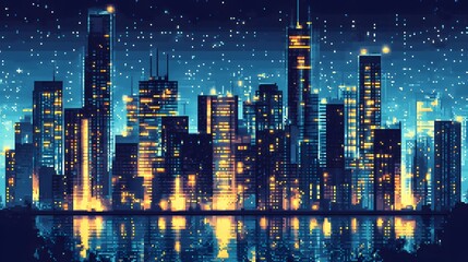 Fototapeta premium Vibrant Cityscape at Dusk with Starry Sky