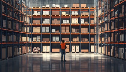 Fototapeta premium A warehouse worker surveys a large storage area filled with boxes on shelves, showcasing the organization of inventory.