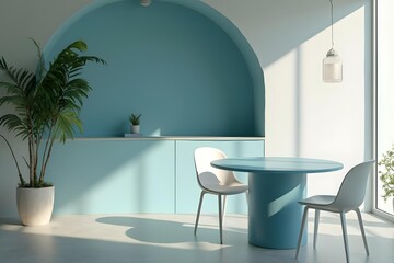 A modern dining room with a round turquoise table, white chairs, hanging light fixture, and potted plants