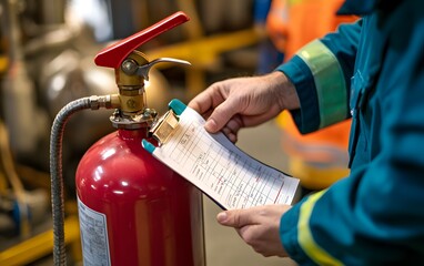 A worker checking a fire extinguisher safety inspection checklist in an industrial setting to ensure fire safety compliance.