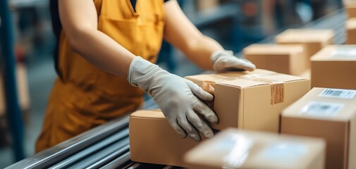 A worker handles packages on a conveyor belt in a busy warehouse, showcasing logistics and efficient delivery processes.